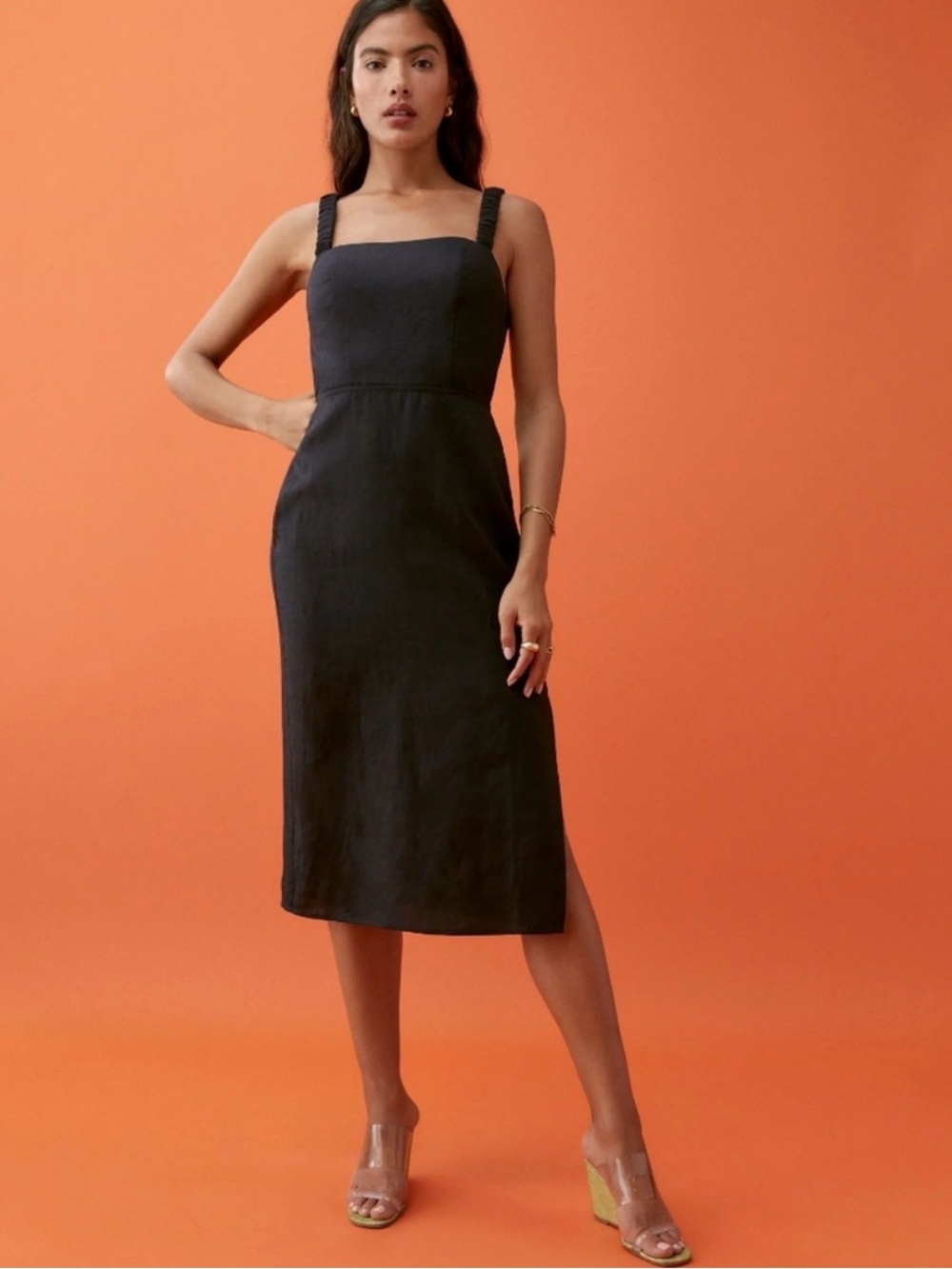 Reformation Black Square-Neck Midi Dress with Braided Straps